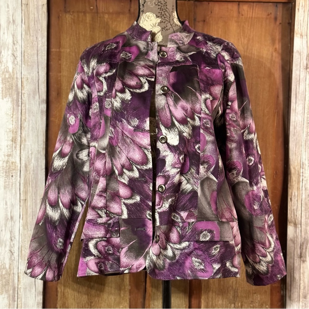 CHICO’S ADDITIONS 2 Jacket Floral Button down Pockets Purple Black White Floral